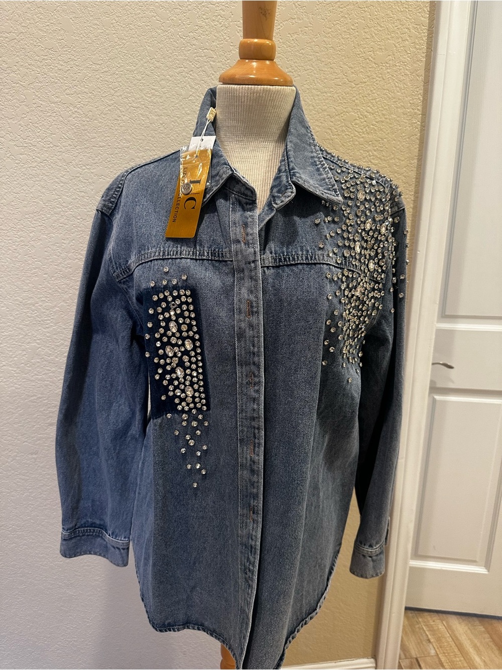 Studded Denim Button-Up Jacket in Medium Blue
